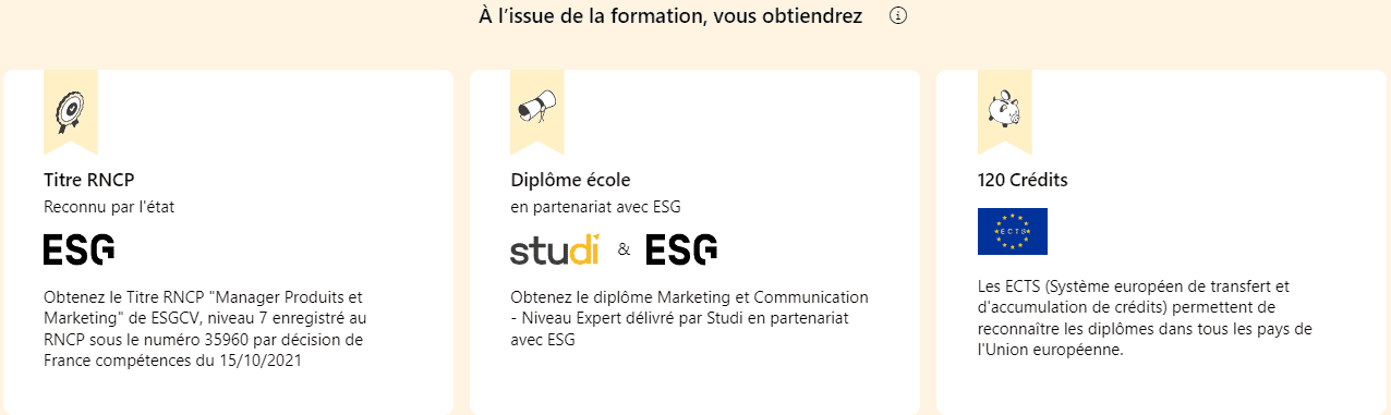 Exemple des diplômes et certifications que vous passerez en suivant le MBA Marketing et Communication chez Studi